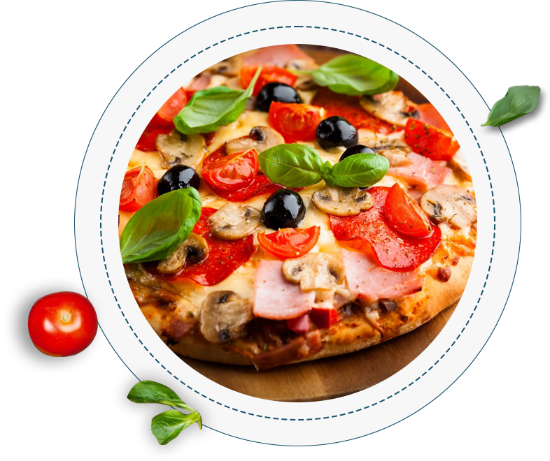 A pizza with tomatoes, olives and basil on it.